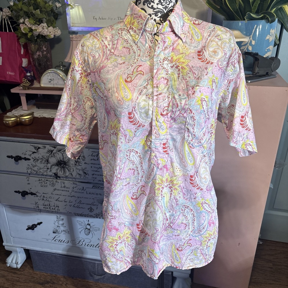 Gitman Brothers‎ Woman's 100% Cotton Pink Paisley Short Sleeve Blouse Medium